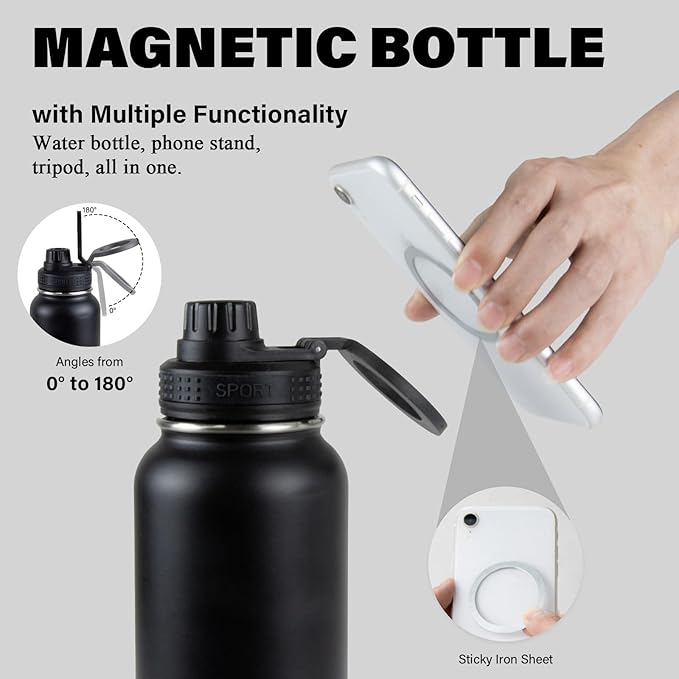 Magnetic Water Bottle with Phone Holder, 32oz Insulated Water Bottle Stainless Steel Travel Water Bottle for Gym, Hot 12H, Cold 24H (Black) (Black)