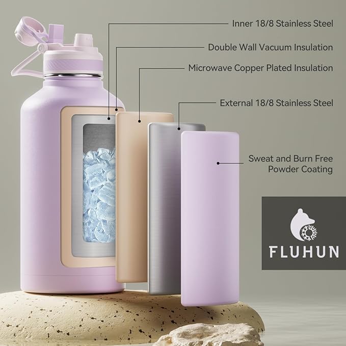 Insulated Water Bottle 64 oz, Double Walled Vaccum Stainless Steel Half Gallon Water Bottle with Straw and Handle, 2-in-1 (Straw & Spout) Water Flask Jug Lid for Gym and Outdoor Sports