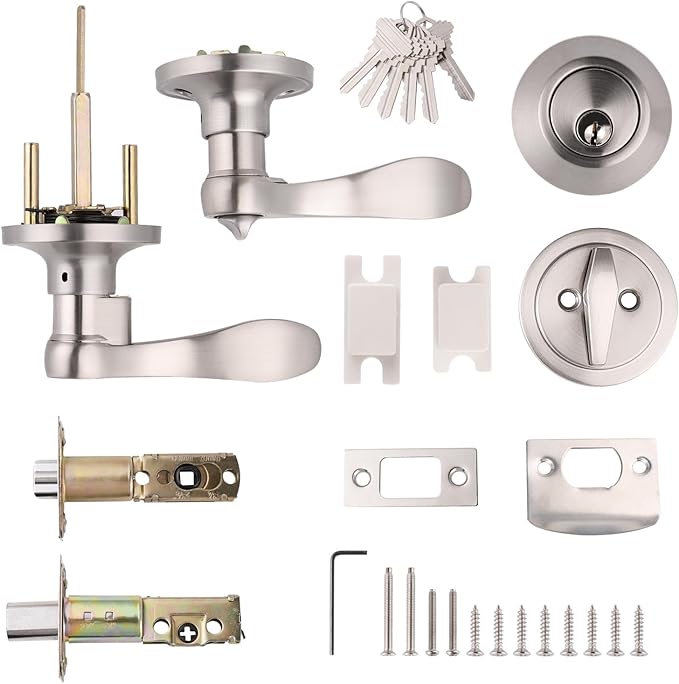 Gobrico Keyed-Alike Entry Door Lever and Deadbolt Locksets (Single Cylinder Deadbolt Keyed One Side) Satin Nickel Same Key Front Exterior Door Lockset with Knob and Deadbolt, Set of 4