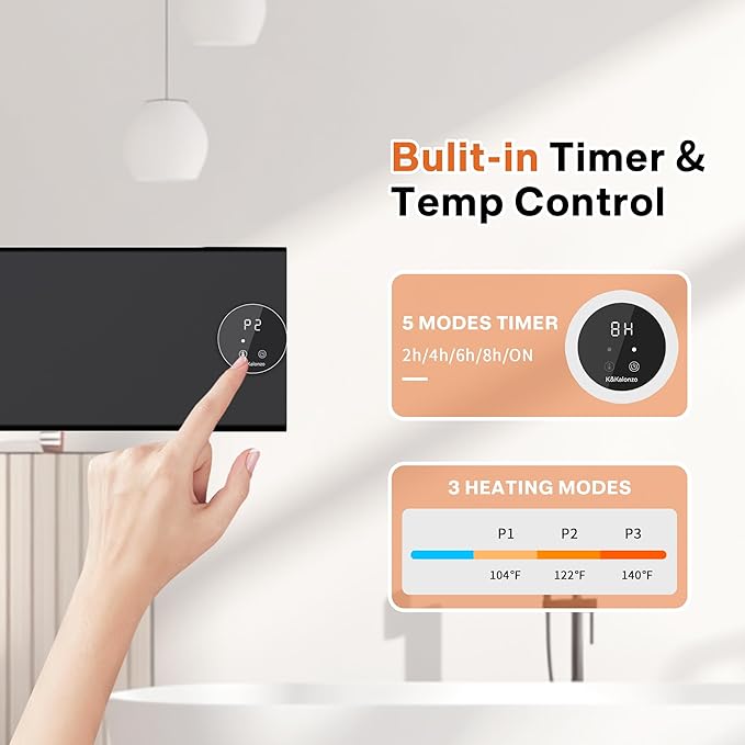 K&KALONZO Electric Towel Warmer, 18.8" W x 4.8" H Wall-Mounted Towel Heater with Built-in Timer, Waterproof Aluminum Towel Warmer for Bathroom, Support Plug-in and Hardwired, Black, K1-R-B