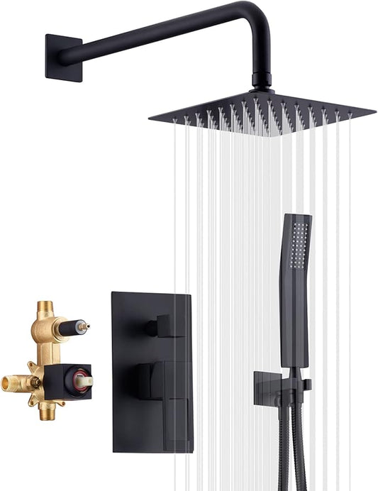 sumerain Matte Black Pressure Balance Shower Systems with 8 Inches Rain shower and Handheld, Rough-in Valve Body and Trim included