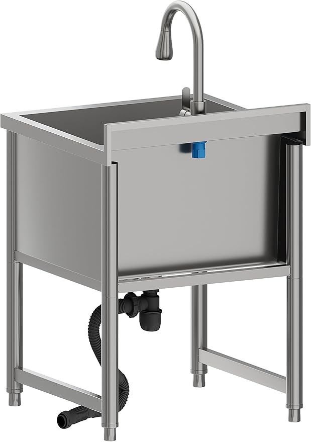 Stainless Steel Commercial Restaurant Sink, Freestanding Large Commercial Sink with Pull-out Faucet for Kitchen Dishwashing, Thawing, Pet Cleaning, Laundry Room, 23.6"D x 21.6"W x 36.8"H