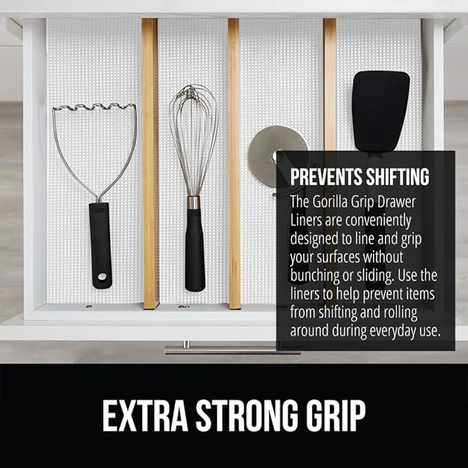 Gorilla Grip powerGRIP Drawer Shelf and Cabinet Liner, Thick Strong Hold, Non-Adhesive Liners Protect Kitchen Cabinets and Cupboard, Bathroom Drawers, Easy Install, Breathable Mat, 20" x10' Snow White