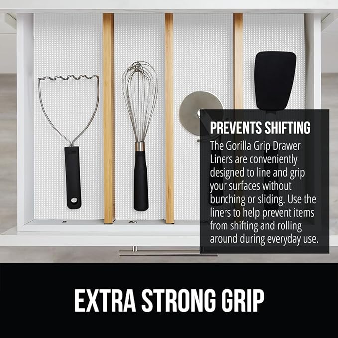 Gorilla Grip powerGRIP Drawer Shelf and Cabinet Liner, Thick Strong Hold, Non-Adhesive Liners Protect Kitchen Cabinets and Cupboard, Bathroom Drawers, Easy Install, Breathable Mat, 20" x30' Snow White