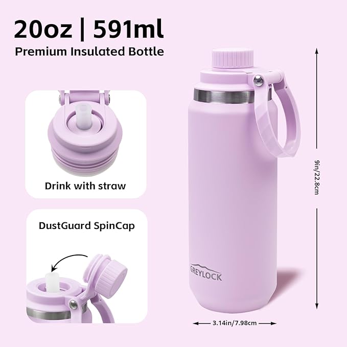 Greylock 20 oz Water Bottle Insulated, BPA-Free Reusable Water Bottles Stainless Steel, Leak Proof Kids Travel Water Bottle with Straw Lid, Double-Wall Vacuum Insulation, 24 Hours Cold (Lilac Purple)
