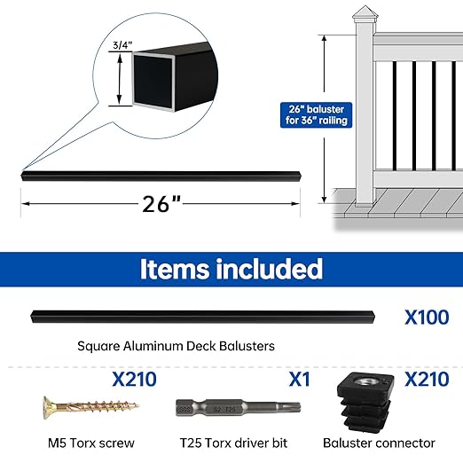 Muzata 100Pack 26" x3/4" Aluminum Deck Balusters Square Baluster Deck Railing Black Hollow Spindles with Screws for Railing Fencing Porch WT12