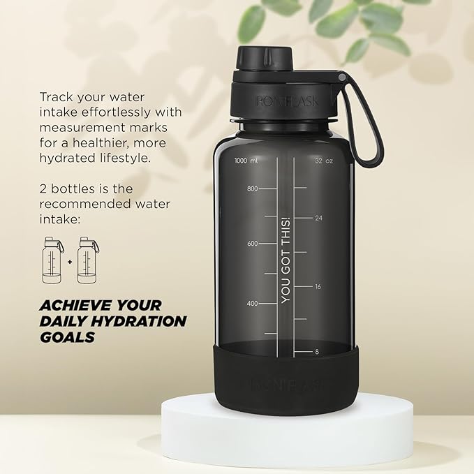 IRON °FLASK Clear Tritan Trekker Water Bottle with Chug Lid - Leak Proof & Lightweight for Gym, Hiking, Sports - Dishwasher Safe, BPA Free Plastic - Black, 32 Oz