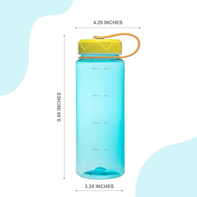 bzyoo HydroPop 36oz Water Bottle w/Strap - Leak-Proof, Hydration Intake Tracking Measurement, Wide Mouth for Ice. Perfect for Gym, Travel, Outdoor - Color Blue