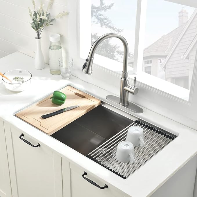 32-inch Undermount Workstation Kitchen Sink Single Bowl 16 Gauge Stainless Steel Kitchen Sink Handmade R10 Deep Basin