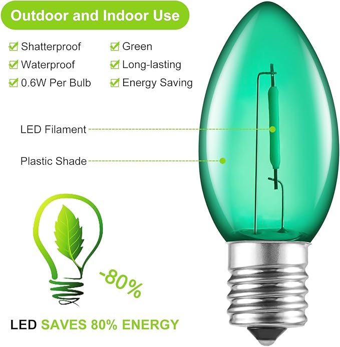 Brightown 25 Pack C9 LED Christmas Light Bulbs, Green Plastic C9 Shatterproof LED Bulbs Replacement for Christmas String Lights, E17 Intermediate Base, Commercial Dimmable Holiday Bulbs