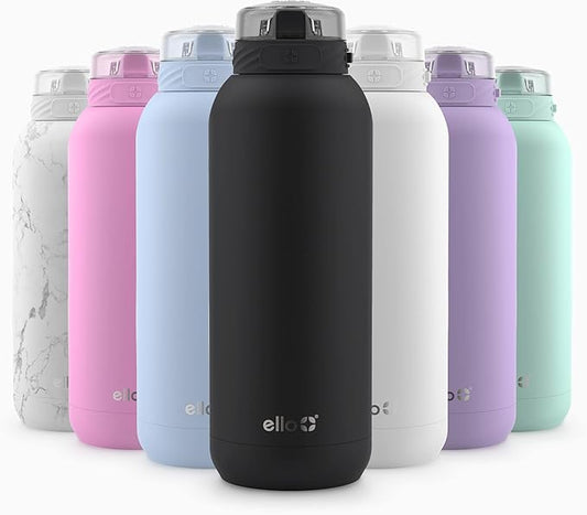 Ello Cooper 40oz Stainless Steel Water Bottle with Straw and Carry Handle, Double Walled and Vacuum Insulated Metal, Leak Proof Locking Lid with Soft Silicone Spout, Reusable, BPA Free, Black