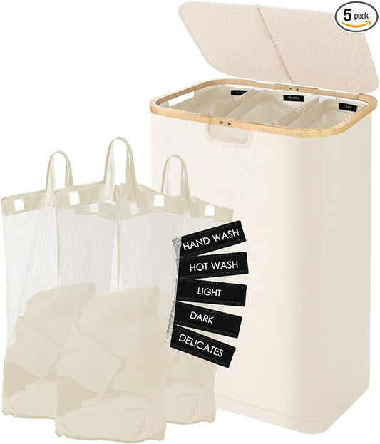 160L Laundry Sorter Hamper with Lid, 3 Section Extra Large Dirty Clothes Basket with Handles, 3 Removable Liner Bags & Labels, Beige