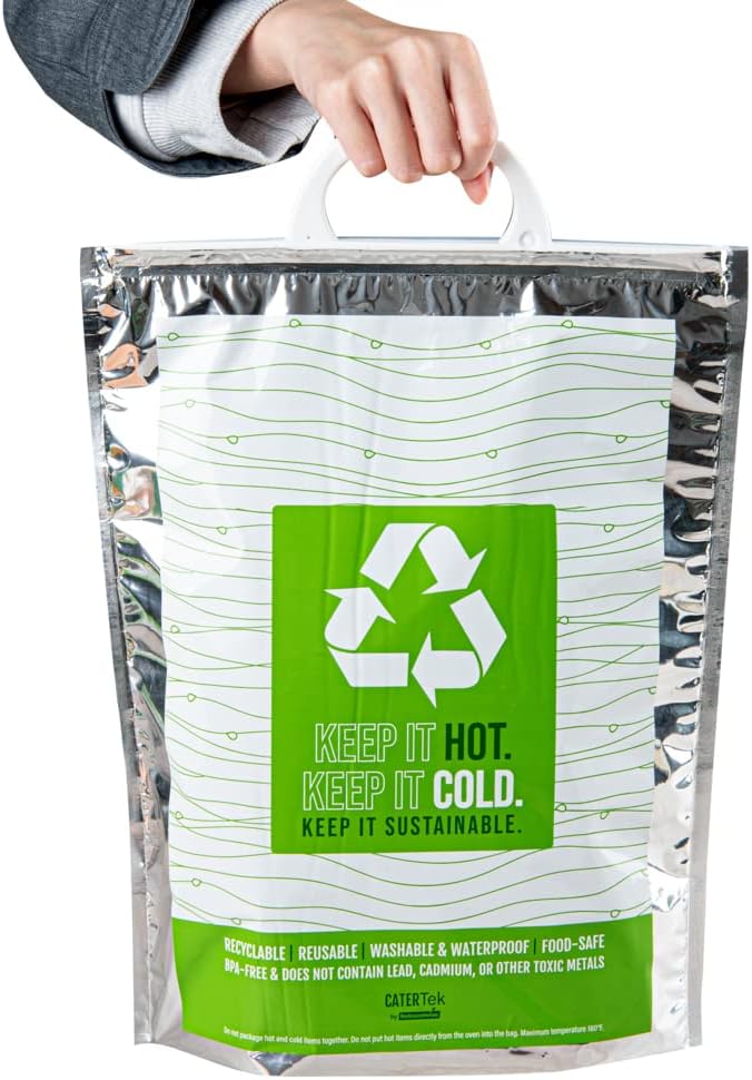Restaurantware Cater Tek 11.8 x 5.9 x 15 Inch Hot And Cold Bag 1 Triple Layer Insulated Bag - Snap Lock Handles Waterproof Green & Silver Plastic Thermal Lunch Bag For Frozen & Hot Items