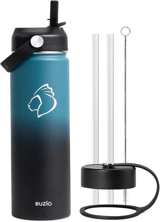 BUZIO Insulated Water Bottle with Straw Lid and Flex Cap, 22oz Modern Double Vacuum Stainless Steel Water Flask, Cold for 48 Hrs Hot for 24 Hrs Simple Thermo Canteen Mug, Indigo Black