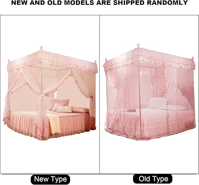 Luxury Princess 3 Side Openings Post Pink Bed Curtains,Four Corner Bedding Bed Canopy net for Bed Princess Bed Girls Room(No Bracket) (Pink)