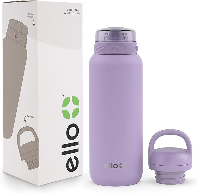 Ello Cooper 32oz Stainless Steel Water Bottle with 2 Lids Chug and Straw | Leak Proof | Double Walled and Vacuum Insulated | Built in Carry Loop | Dishwasher Safe | Lilac