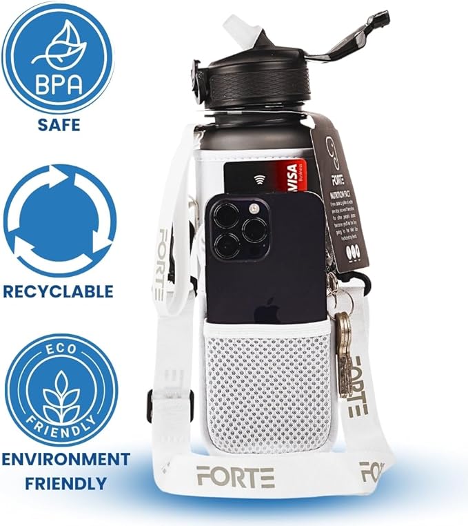 FORTE Plastic Water Bottle with Sleeve - BPA-Free Water Jug with Leak Proof Lid and Straw - Perfect for Gym, Office, and Everyday Use (White)