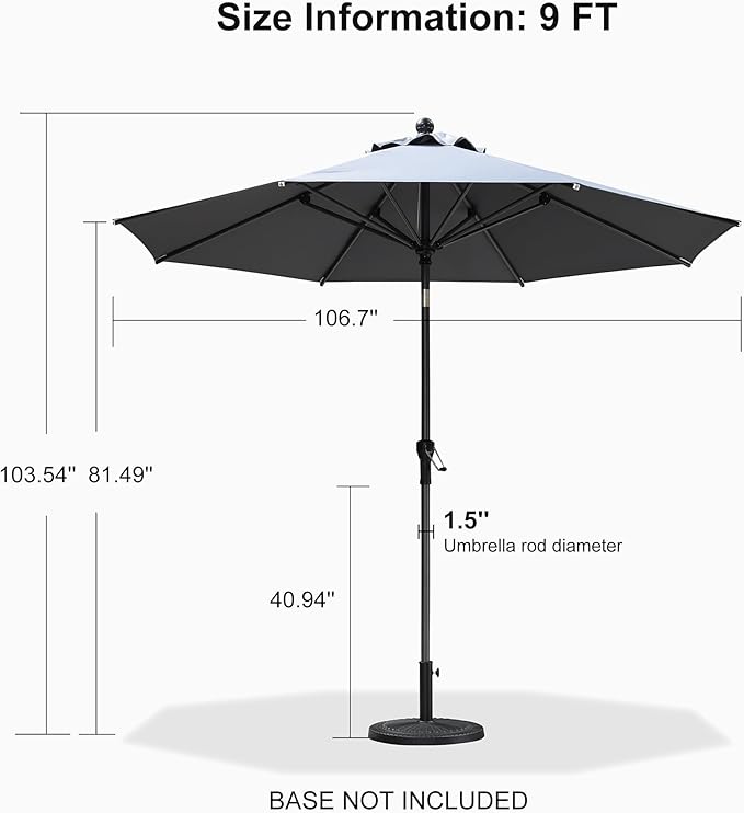 PURPLE LEAF 9' Round Patio Umbrella Outdoor Table Umbrella Aluminum Frame Market Umbrella Sun Umbrella with 8 Sturdy Ribs & Tilt for Garden Deck Lawn & Pool Light Gray