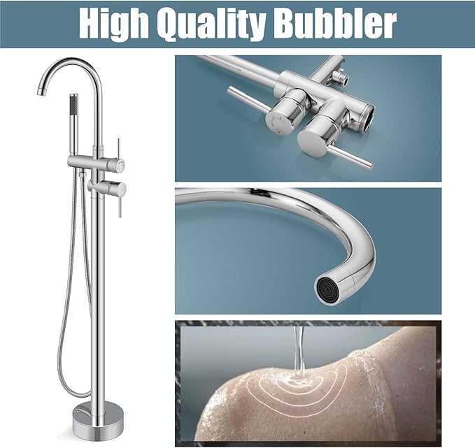 Aolemi Floor Mount Bathtub Faucet Freestanding Tub Filler Standing High Flow Shower Faucets Shower Mixer Taps, Swivel Gooseneck Spout with Cylinder Handheld Polish Chrome