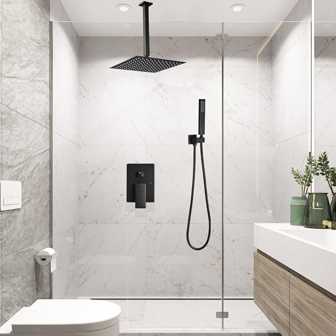 Matte Black Shower System Bathroom 12 Inch Rain Shower Head Ceiling Mount with Handheld Luxury High Pressure Shower Combo Set Shower Faucet Rough-in Valve Body and Trim Included