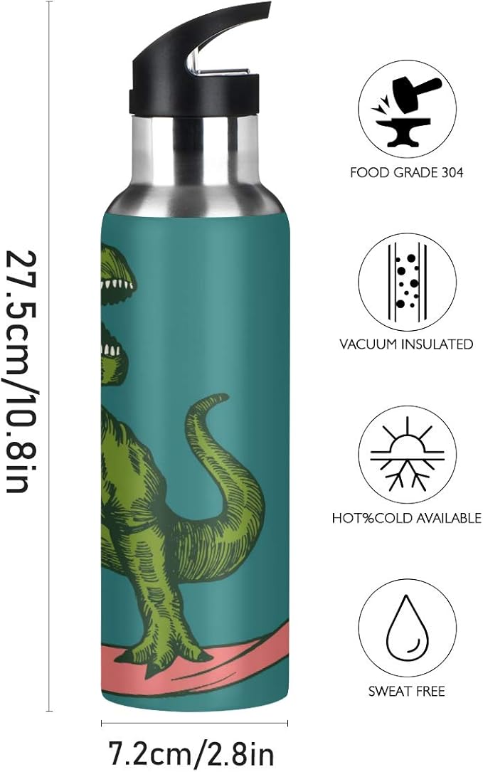 Surfing Dinosaur Sports Water Bottle, 22 Oz BPA Free Non-Toxic Stainless Steel Water Bottle with Straw for Gym Yoga Fitness Camping