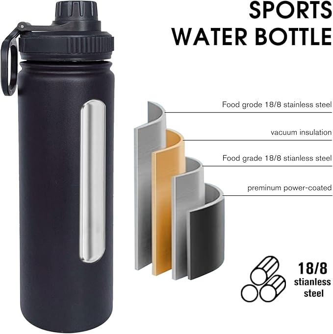 22oz Insulated Water Bottle ，Stainless Steel Sports Water Cup Flask with 2 Lids, Wide Mouth Travel Thermal Mug,Outdoor Sports Bottle（Blue Black）
