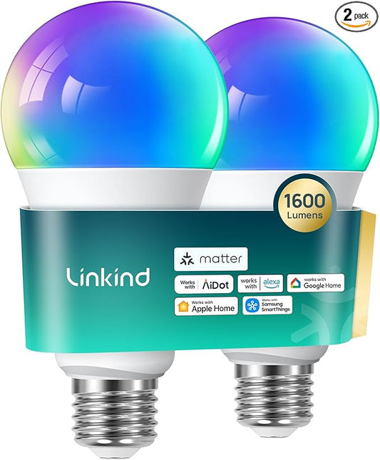 Linkind Matter Smart Light Bulb,1600LM 100W Smart Bulbs Work with Alexa/Apple Home/Google Home/SmartThings, RGBTW LED Color Changing Bulbs Music Sync, 2.4GHz Wi-Fi Light Bulbs LED 11W, A21 E26, 2Pack