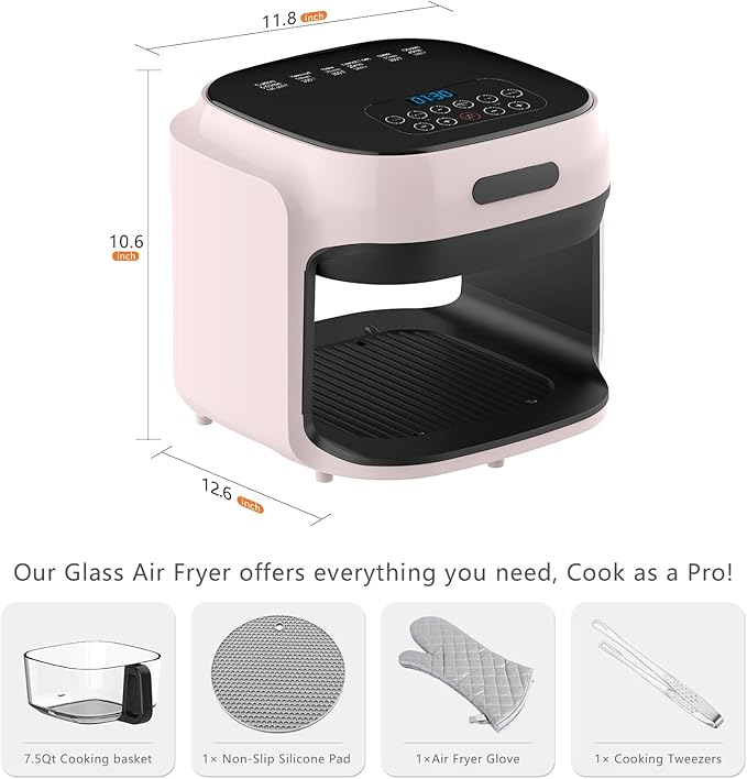 Glass Air Fryer, 7.6QT with Transparent Fry Bowl, Circulating Heating, Temperature Control, Air Fryer Roast, Dishwasher Safe (Rose Pink)