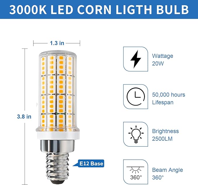 E12 LED Candelabra Light Bulbs, 200W Equivalent Chandelier Bulbs, 3000K Daylight White Non-Dimmable E12 LEDs Bulbs, 20W LED Light Bulb for Chandeliers, Ceiling Fan, Pendant, Wall sconces, Pack of 4