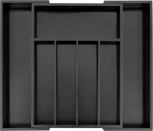 VaeFae Bamboo Drawer Organizer, Expandable Silverware Drawer Organizer, Cutlery Tray with Dividers for Kitchen Utensils (Black, Medium)