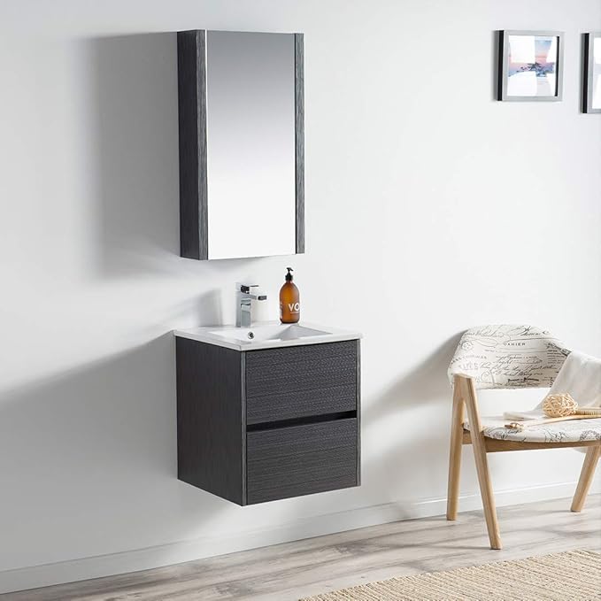 Blossom Single Bathroom Vanity with Ceramic Sink and Mirror Medicine Cabinet | All Wood Floating Vanity Cabinet | 2 Soft-Closing U-Shaped Cutout Drawers | 20 inch, Silver Grey