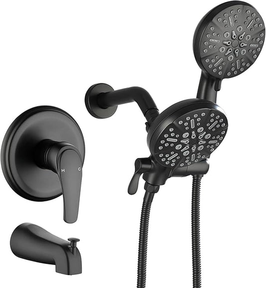 Tub and Shower Faucet Set Complete Dual Shower Head and Handheld 2 in 1 Combo Set Shower System with Tub Spout Tub and Shower Trim Kit Matte Black