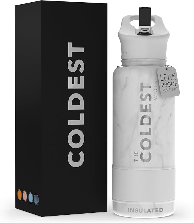Coldest Sports Water Bottle with Straw Lid Vacuum Insulated Stainless Steel Metal Thermos Bottles Reusable Leak Proof Flask for Sports Gym(32 oz, Marble White)