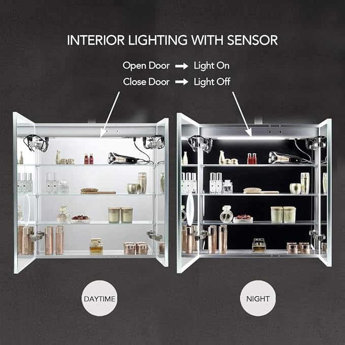 BLOSSOM Recessed or Surface LED Mirror Medicine Cabinet with Lights, LED Medicine Cabinet w/Defogger, Dimmer, 3X Makeup Mirror, Outlets & USB (30x32/Zoom Mirror)
