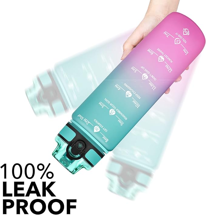 GOSWAG 32oz Motivational Water Bottles with Time Marker and Fruit Strainer, Sports Water Bottle with Times to Drink, Leakproof, Reusable Plastic Bottle with Strap no Straw for Gym, School