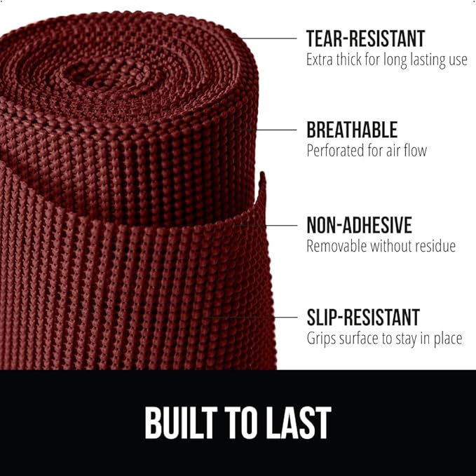 Gorilla Grip powerGRIP Drawer Shelf and Cabinet Liner, Thick Strong Hold, Non-Adhesive Liners Protect Kitchen Cabinets and Cupboard, Bathroom Drawers, Easy Install, Breathable Mat, 12" x20', Red