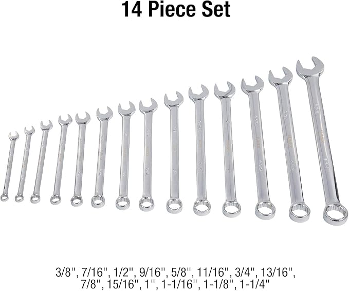Sunex 9915 V-Groove Fractional Full Polish Combination Wrench Set, 3/8-Inch - 1-1/4-Inch, Fully Polished, 14-Piece (Includes Roll-Case)