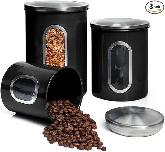 Moss & Stone 3-Piece Black Canisters Sets For The Kitchen, Airtight Canister Set With See Through Window, Storage Jars for Coffee Container, Tea Organizer & Sugar Canister, Black Kitchen Canisters