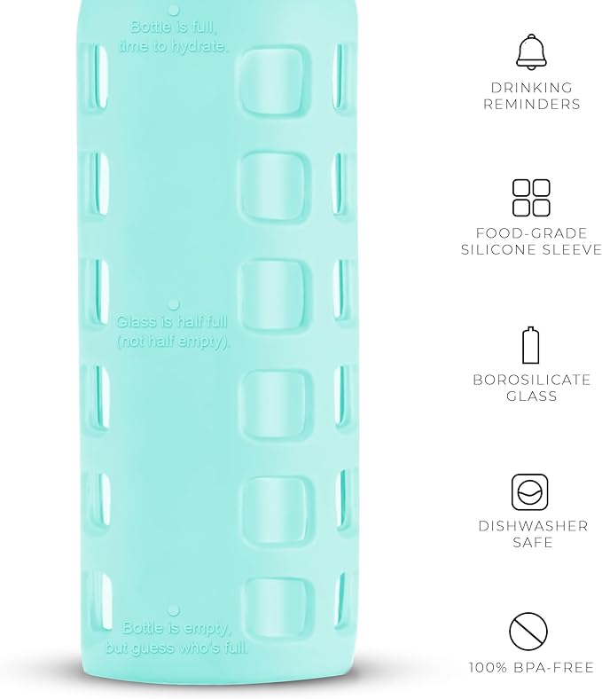 purifyou Premium 40/32 / 22/12 oz Reusable Glass Water Bottles with Time and Volume Markings, Non-Slip Silicone Sleeve & Stainless Steel Lid Insert, for Water, Milk, Juice (12oz Glow in the Dark)