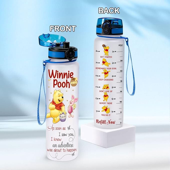 Pooh 32 Oz Water Track Bottle, As Soon As Saw You Water Bottle With Time Marker, Pooh Bear Motivational Insulated Water Bottle, Gifts For Family Friend