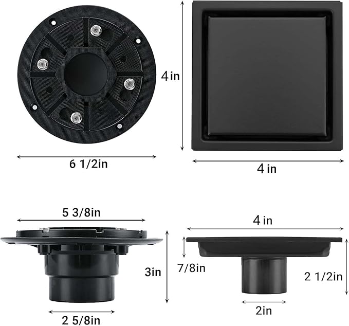 4 Inch Shower Floor Drain, SUS304 Stainless Steel Square Bathroom Floor Drain with Flange Reversible 2-in-1 Cover Insert Tiles for Filtering, Matte Black