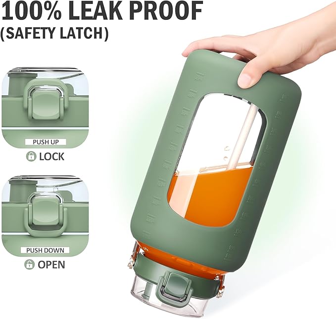 84oz Glass Water Bottle with Stainless Steel Handle,2.5L Gallon Water Bottle With 2-IN-1 Straw Lid, Silicone Sleeve and Motivational Capacity Marker, Wide Mouth Water Jug For Gym, Workout, Olive