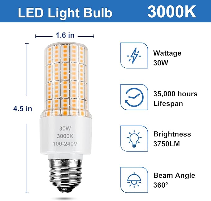 Led Light Bulb Equivalent 250w 2pcs Super Bright Led Bulbs, 3750 Lumen 3000k Warm Daylight White 30w Waterproof Led Corn Light Bulb E26/E27 Medium Base Light Bulb for Outdoor Indoor Garage Backyard