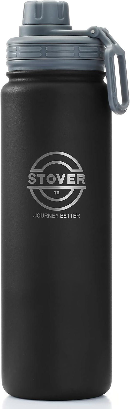 STOVER 25oz Insulated Water Bottle, Wide Mouth Double-Walled Stainless Steel- Vacuum Sealed, Leakproof, Durable, Slim Design Fits in Cup Holder- Flip Top Lid/Spout for Travel- Women/Men (Black)