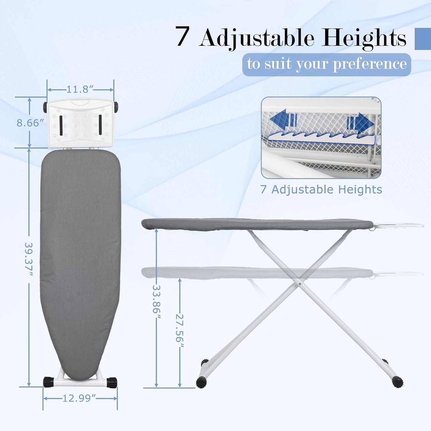 Ironing Board 48" X 13" with Safety Iron Rest Height Adjustable Iron Table Features Reinforced Steel Legs, Heat Resistant Cover, Grey
