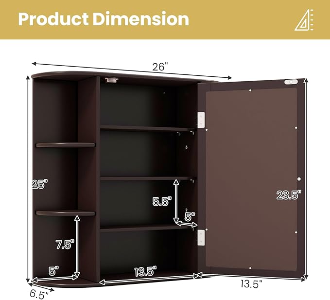 Tangkula Bathroom Medicine Cabinet with Mirror, Wall Mounted Home Storage with Door & 6 Open Shelves, Adjustable Shelves, Mirrored Bathroom Wall Cabinet (Coffee)