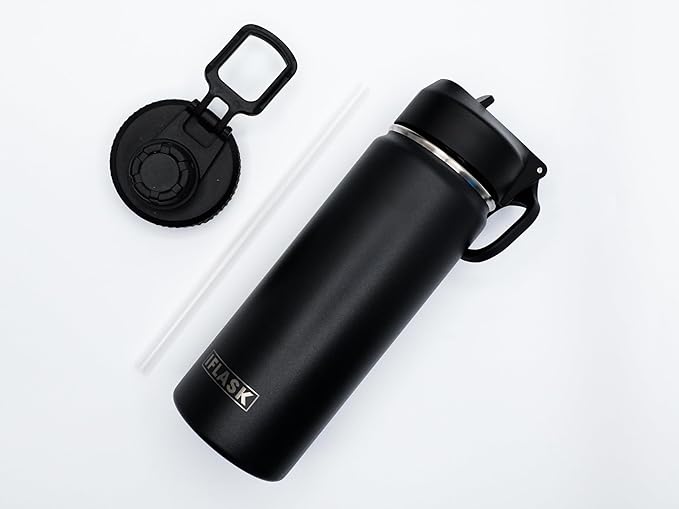 Sport Travel Outdoor Water Bottle with Spout and Straw Lids | Leak Proof | Insulated Stainless Steel Double Walled | BPA and Sweat free | Hot & Cold | For Kids Men & Women (Black, 18 oz)