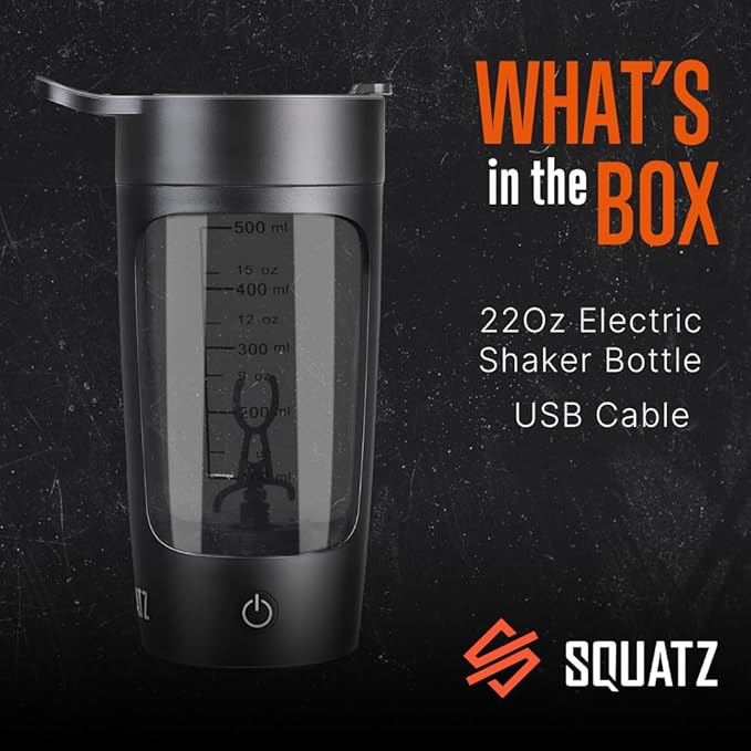SQUATZ 22 Oz Electric Shaker Bottle - Rechargeable Automatic Protein Shake Blender Flask, Leak-proof & Easy to Clean, Smooth Drink in 15 Seconds, Ideal for Gym Shakes, Coffee, Milkshakes (Black)