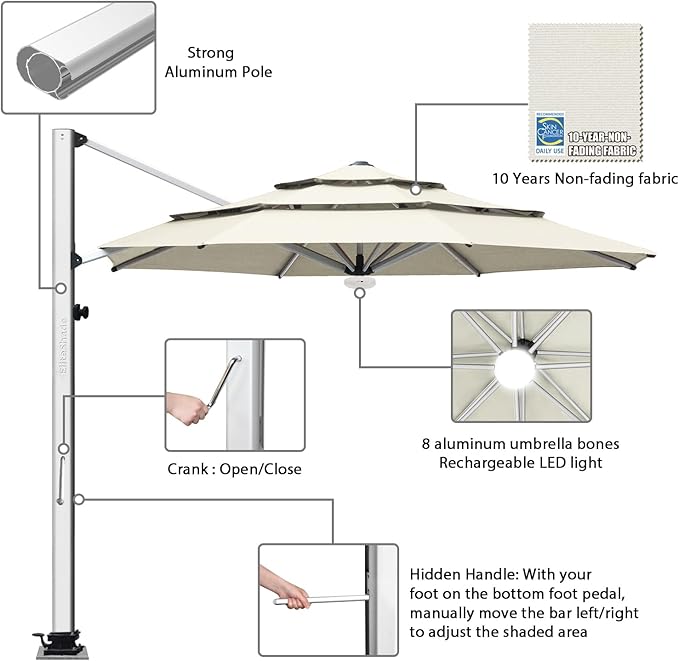 EliteShade USA APOLLO 3-Tier 11FT Full Aluminum Cantilever Patio Umbrella for Outdoor restaurant Garden Courtyard Deck Pool and Marketing with Light (No battery),Natural