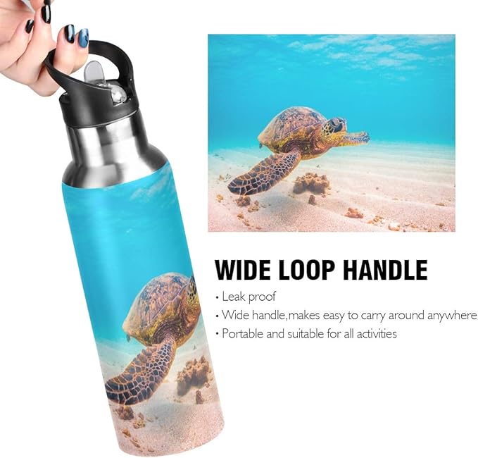 Blueangle 22oz Hawaiian Green Sea Turtle Water Bottle, BPA Free Stainless Steel Water Bottle Leak-Proof Sports Bottle for Camping Workouts Gym and Outdoor Activity